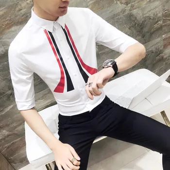 

Spring Summer Men Dress Shirts 2019 Slim Fit Print Tuxedo Shirt Men Half Sleeve Solid Casual Plus Size Singer Stage Costume 3XL