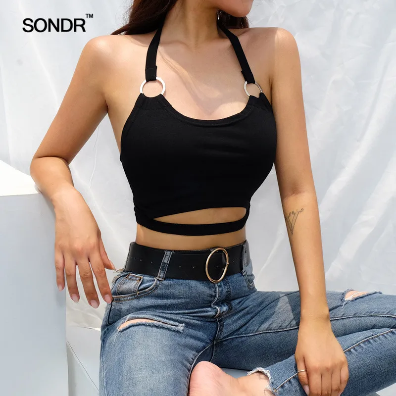 SONDR 2019 Black Halter Hollow Out Tank Top Women Black Backless Cropped Tank Tops Streetwear Sex Hang a neck tie belty SONDR 2019 Black Halter Hollow Out Tank Top Women Black Backless Cropped Tank Tops Streetwear Sex Hang a neck tie belty