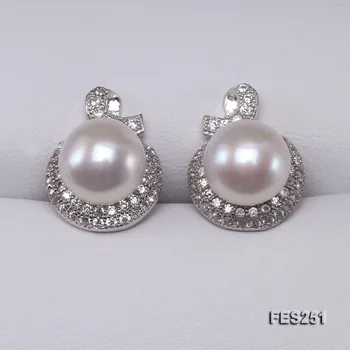 

Wedding Birthday Pearl Earrings 7.5mm White Flat Round Freshwater Pearls 925 Silver Rhinestone Jewellery Women Gift