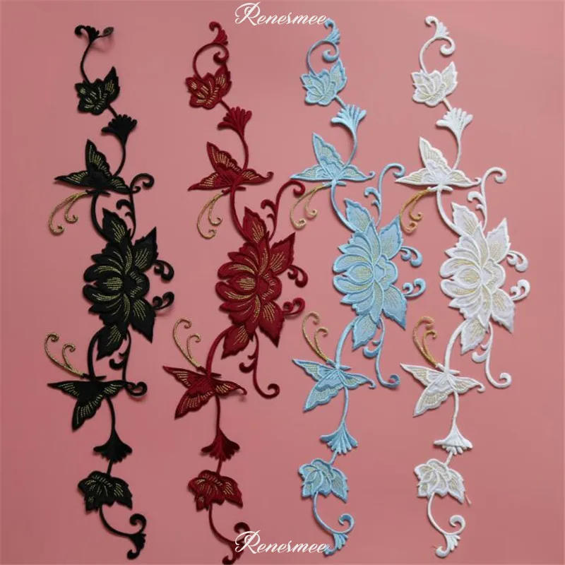 

1Pc Long Floral White Black Blue Applique Clothing Embroidery Patch Fabric Sticker Iron On Patch Craft Sewing Repair 39X15cm