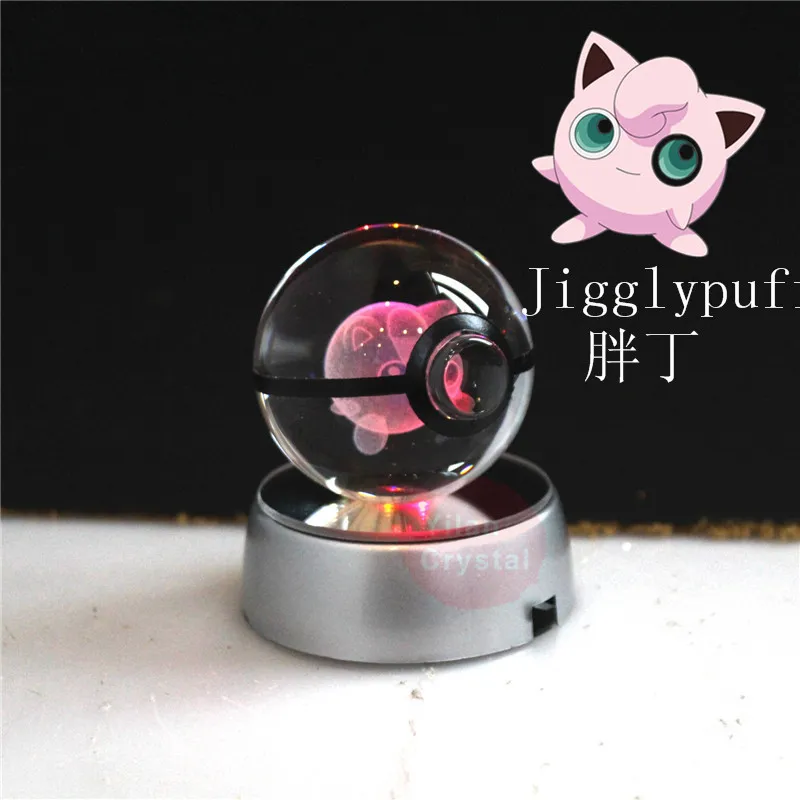 

3D Laser Pokemon Ball Engraving Jigglypuff Round Crystal With Black Line Nice Fashion Ball 50*50mm With LED Base 80*80mm Gift