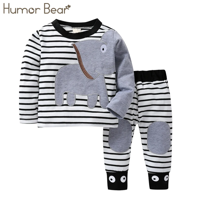 Humor Bear/Новинка г.; рождественские комплекты одежды для маленьких девочек; костюм для мальчиков; полосатая футболка с рисунком из мультфильма+ штаны для мальчиков