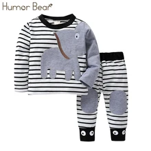 Humor Bear/Новинка г.; рождественские комплекты одежды для маленьких девочек; костюм для мальчиков; полосатая футболка с рисунком из мультфильма+ штаны для мальчиков