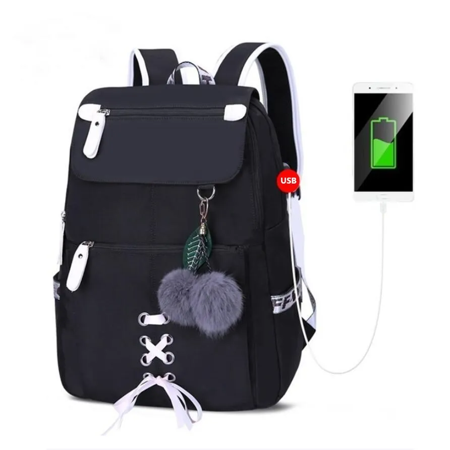 Full Black FengDong модный школьный рюкзак для девочек, школьные сумки, Новое поступление, детские рюкзаки, детская Милая USB сумка, школьный рюкзак, рюкзак - Цвет: Full Black