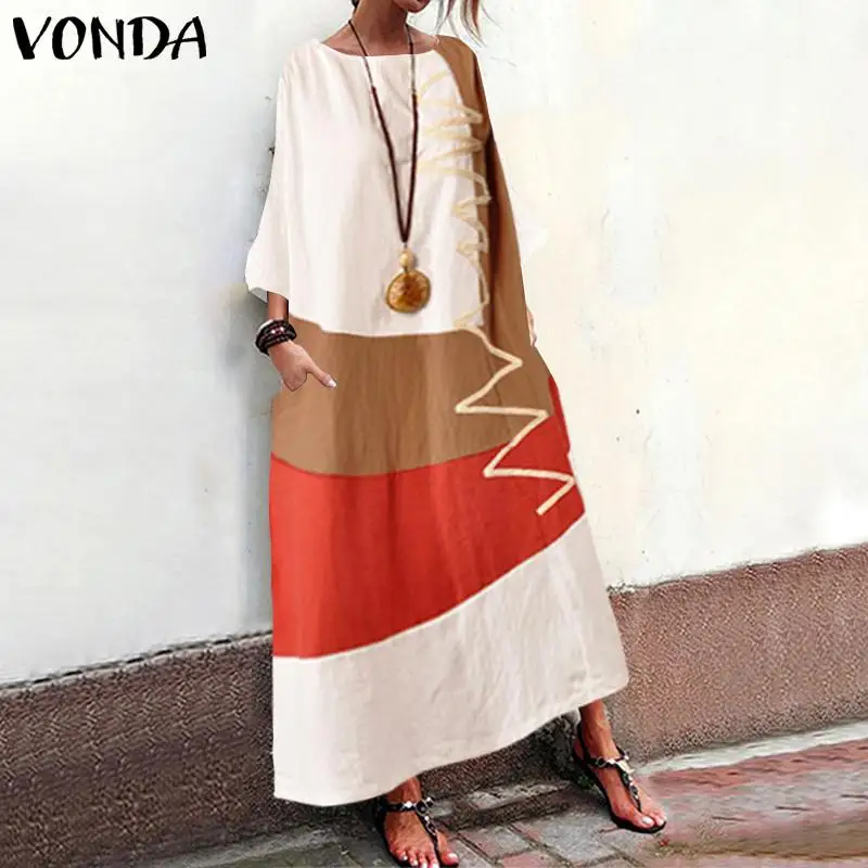 

VONDA Bohemian Women Vintage Patchwork Dress 2019 Autumn Cotton Dresses Beach Sexy 3/4 Sleeve Party Vestido Sundress Plus Size