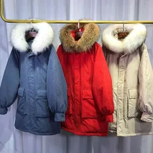 Зимняя женская куртка-пуховик на белом утином пуху, зимняя куртка для женщин, большая парка с натуральным мехом енота и капюшоном, длинное пальто для женщин