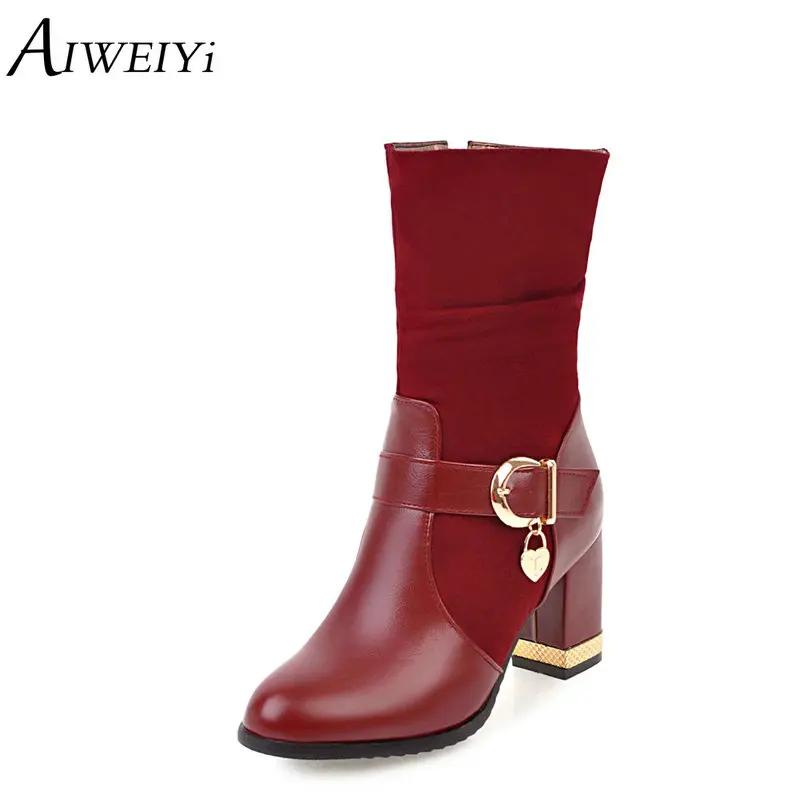 

AIWEIYi Mid-Calf Boots for Women Soft PU Leather Round toe Square Heel High Heels Boots Buckle Design Winter Martin Boots
