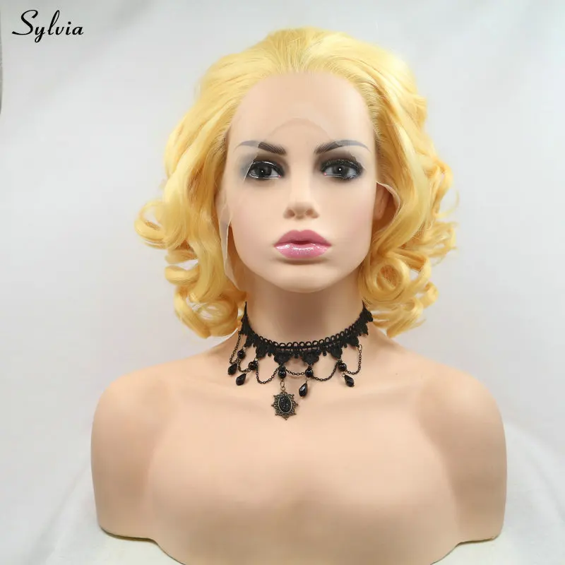Resistente ao Calor Dianteira do Laço Natural do Cabelo Férias para Mulheres Sylvia Perucas Loiras Ombre Sintético Peruca Linha Fina Curto Bob Meninas Verão 3 dianteira do laço sintético resistente ao calor