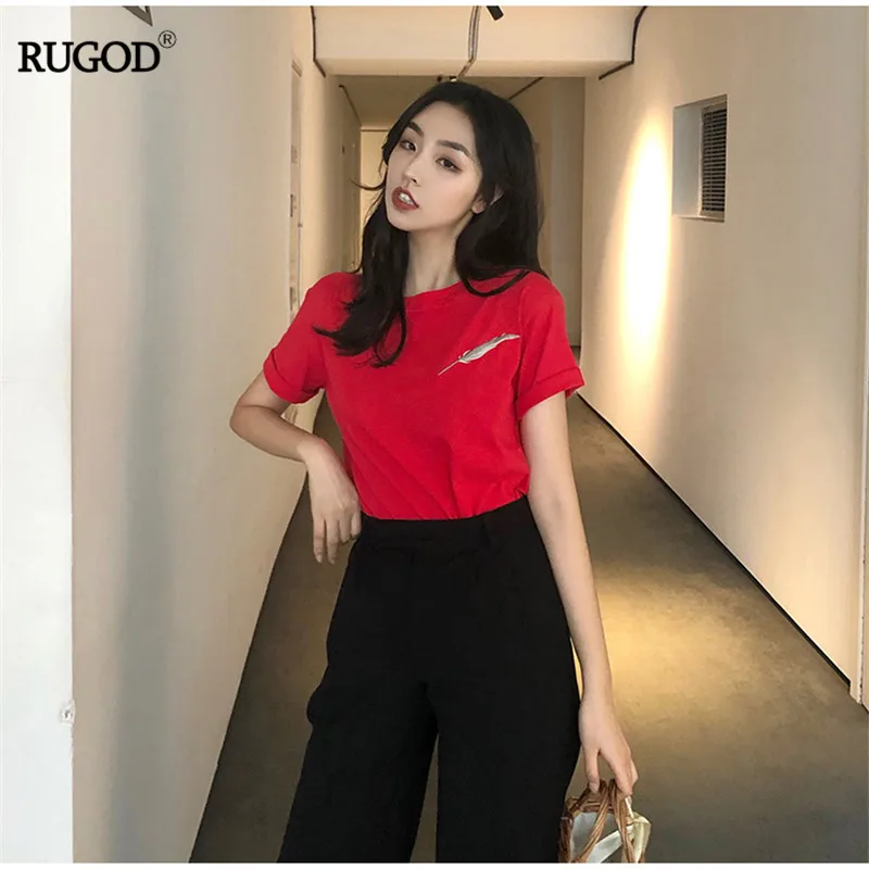 RUGOD, летняя Корейская женская одежда с круглым вырезом и вышивкой, короткий рукав, элегантный дизайн, свободная модная повседневная женская одежда - Цвет: Красный