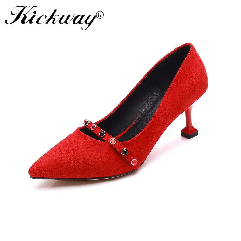 

Kickway 2018 New Autumn Fashion Solid Faux Suede Shallow Fashion Women Pumps Sexy Pearls Pointed Toe High Heels Plus Size 34-42