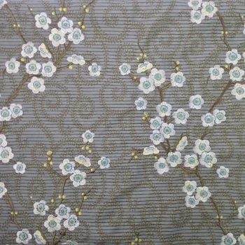 

Traditional Plum Blossoms All-over Embroidery Jacquard Woven Dark Gray Blue Decorative DIY Fabric 140 cm Width Sell by meter