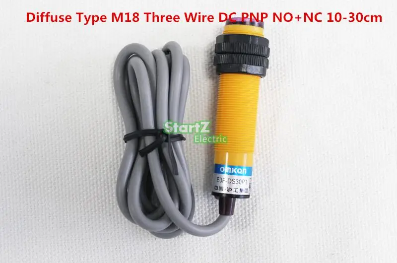 

5Pcs Diffuse Type M18 Three Wire DC NPN NO+NC 10-30cm Detection Distance Photoelectric Sensor Optical Sensor E3F-DS30N12