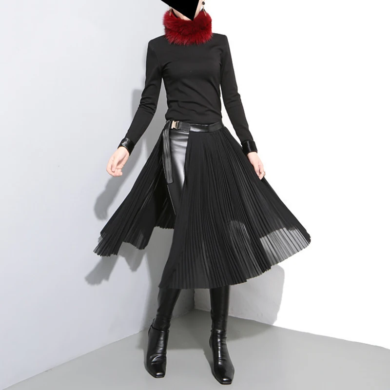 

LANMREM 2019 New Spring Women High Waist Solid Color Black Pleated Split Joint Skirt Female Loose Bottoms Fashion Tide JD10501