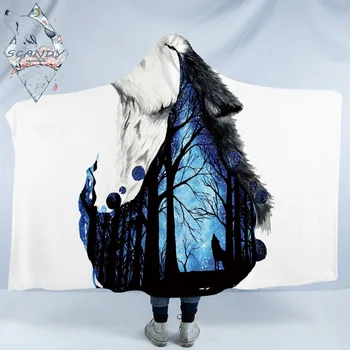 

Missing You by Scandy Girl Hooded Blanket Animal Howling Wolf Soft Sherpa Fleece Forest Blue Galaxy Wearable Throw Blanket
