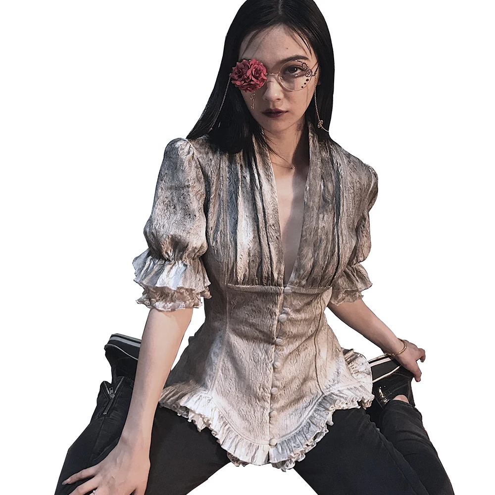 

Gothic Palace Noble Blouse Double Layer Ruffle Sleeves Women Blouses Steampunk Retro Lace Bandage Gradien Deep V Neck Sexy Shirt