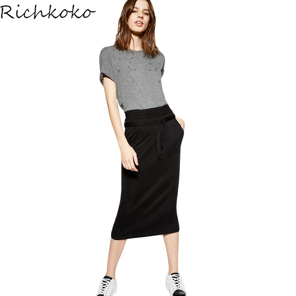 RichKoKo Solid Black Women Casual Skirts Lace Up High Rise Slim Female