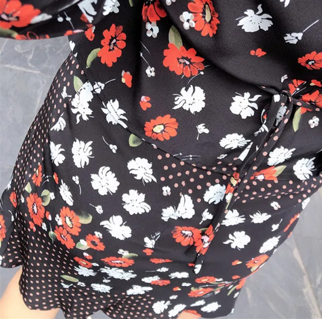 Весна-лето, черная шелковая рубашка с принтом, мини-топ, блузка с v-образным вырезом+ мини-юбка, женские юбки, черный комплект из двух предметов - Цвет: B Skirt