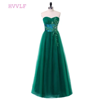 

Green Evening Dresses 2019 A-line Sweetheart Tulle Lace Crystals Backless Women Long Evening Gown Prom Dresses Robe De Soiree