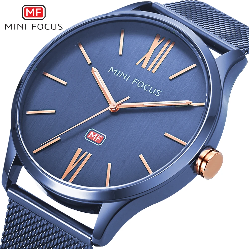 MINI FOCUS Men Watch Top Brand Luxury Quartz Wrist Watches Casual Fashion Blue Stainless Steel Mesh Belt Clock Reloges Hombre plastic focusing collimating lens for 200nm 1100nm blue red green ir laser dot focus m9 p0 5