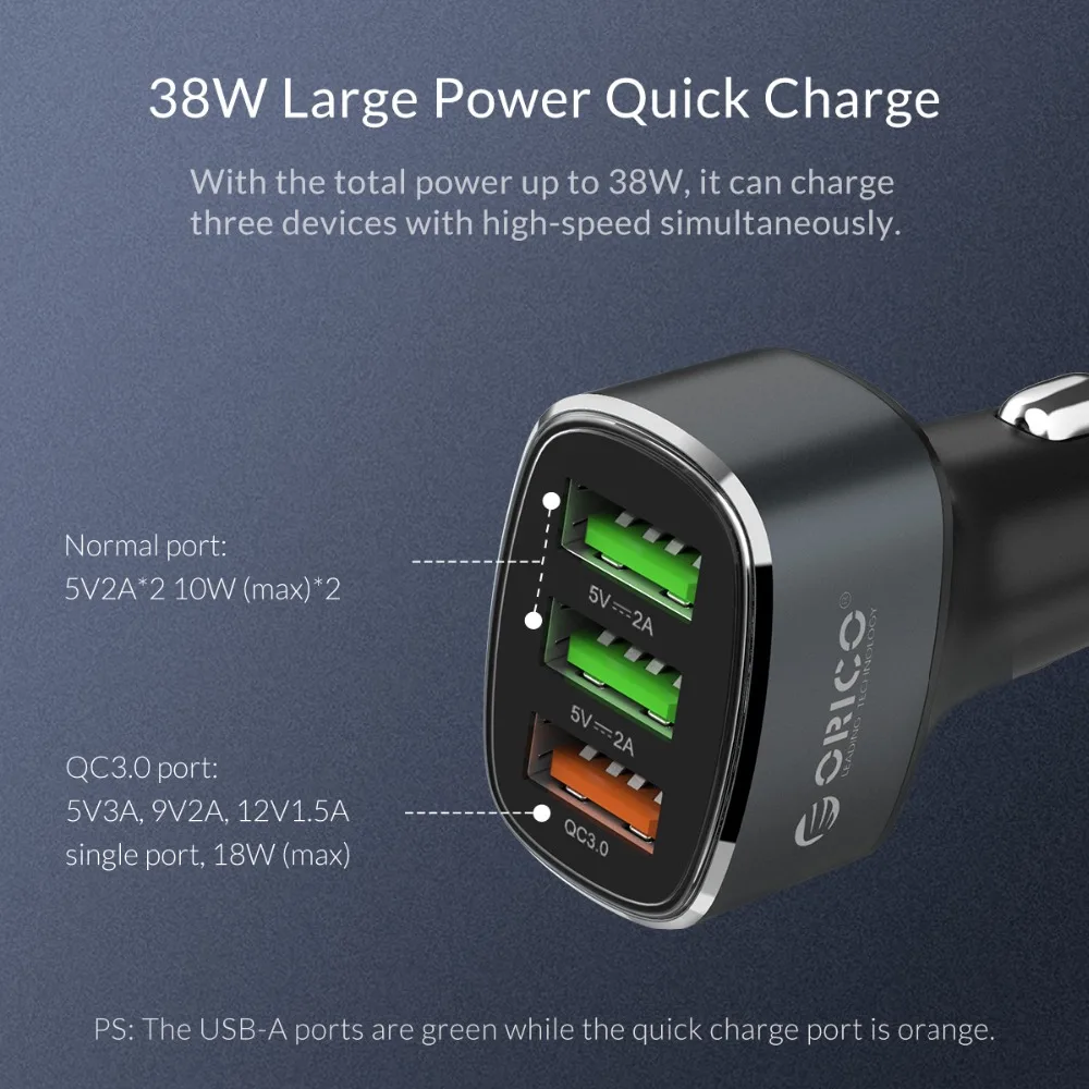 Автомобильное зарядное устройство ORICO 38 Вт 3 USB быстрое QC 0 для iPhone мобильный