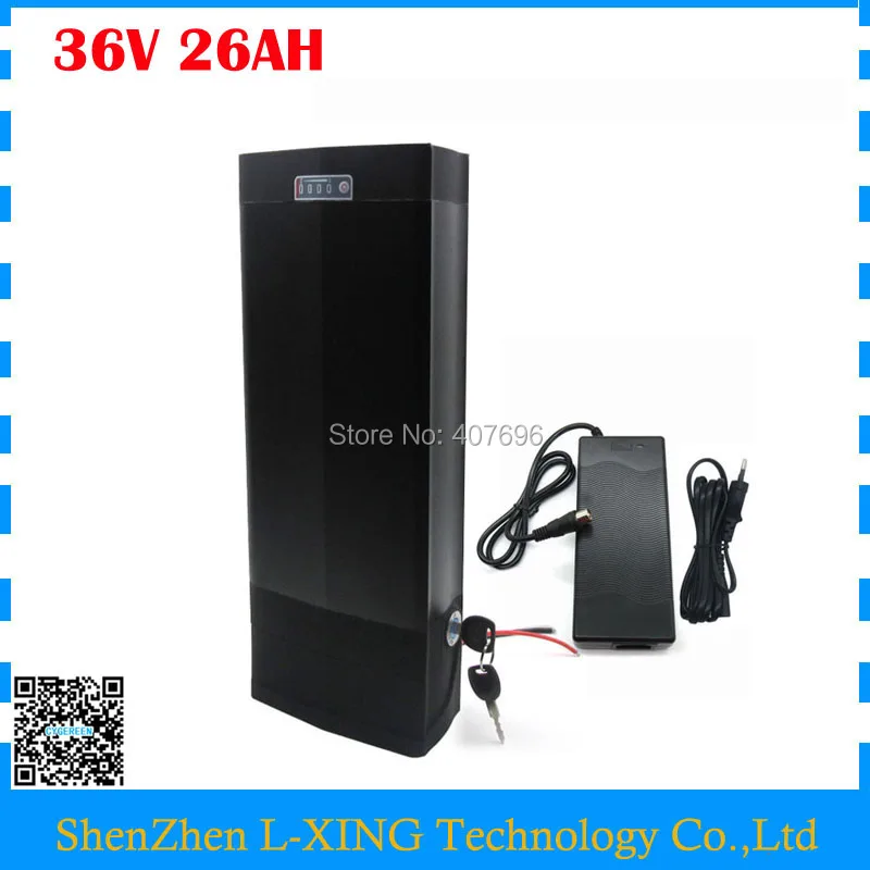 

1500W 36V 26AH Lithium battery packs 36V rear rack bicycle battery with tail light and USB Port use NCR PF 2900mah cell 50A BMS
