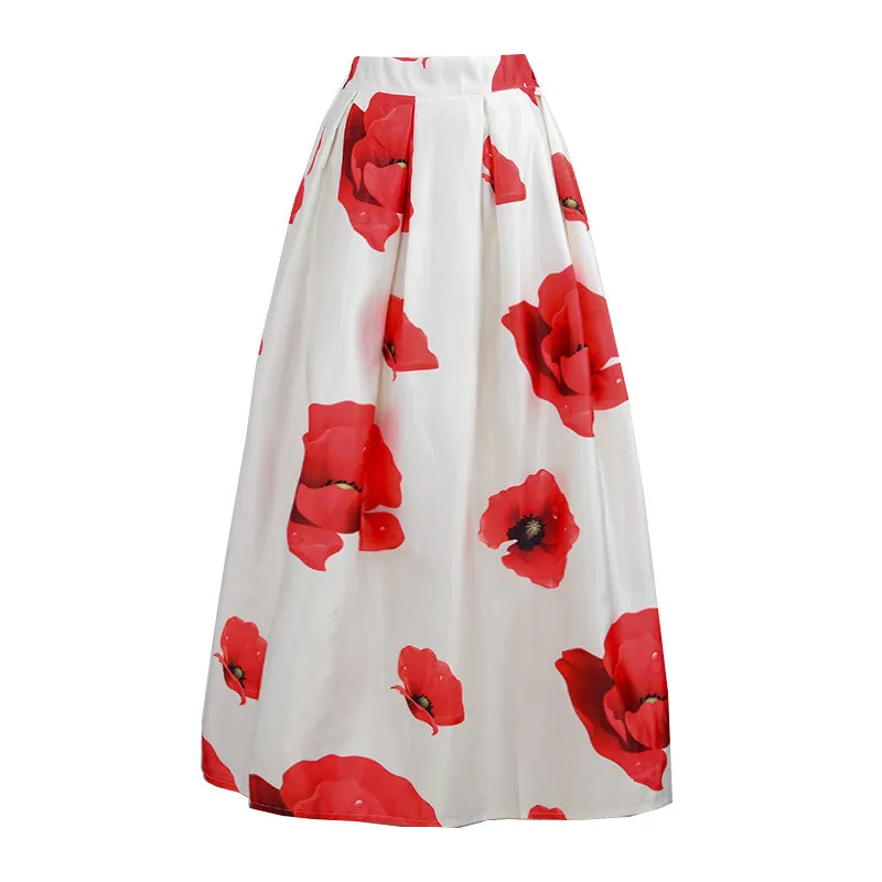 Female Fashion Casual White Red Big Flower High Waist Lolita Pleated Tutu Long Maxi skirts for Womens Skirt | Женская одежда