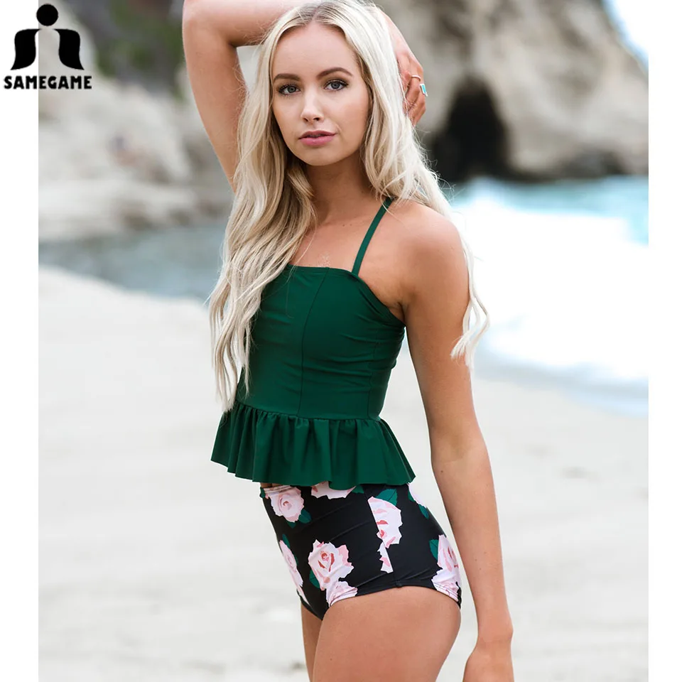 

SAMEGAME 2019 New Women Swimwear Sexy Halter Female Swimsuit Sexy Solid Tankini Set Printed Bottom Summer Beach Bathing Suits