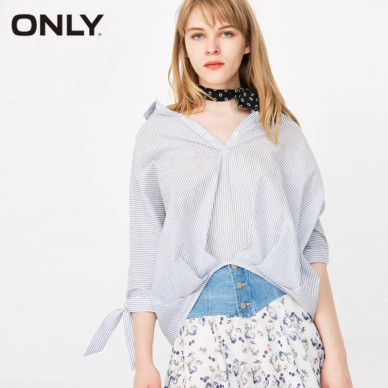 

ONLY Women's Spring & Summer Lace-up Batwing Sleeves Striped Loose Fit Shirt |118158521