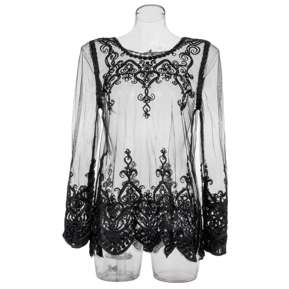 Summer Women Sexy Beach Gauze Lace Blouse Long Sleeve Embroidery