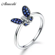AINUOSHI Luxury Round Cut Blue White Sona Rings 925 Sterling Silver Butterfly Princess Wedding Anniversary Rings Jewelry Gifts