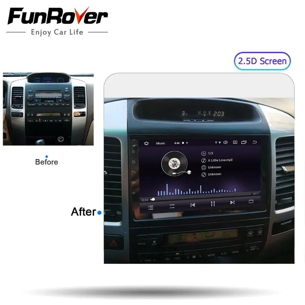  Funrover 2.5D+IPS 2 din Android 9.0 Car DVD Radio Multimedia for Toyota Prado 120 2004-2009 Car aut