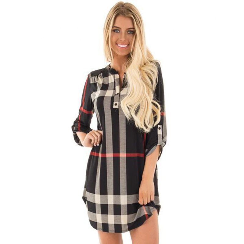 Basic Women Fashion Plaid Mini Dress V neck Three Quarter Sleeve Loose Pencil Dress font b