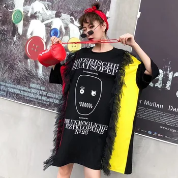 

European station 2019 summer new stitching mesh in the long paragraph personality dress large size loose women's shirt