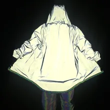 Необычный мужской светоотражающий Тренч с длинным рукавом в стиле хип-хоп Уличная куртка свободного покроя с капюшоном красочная лента ветровка