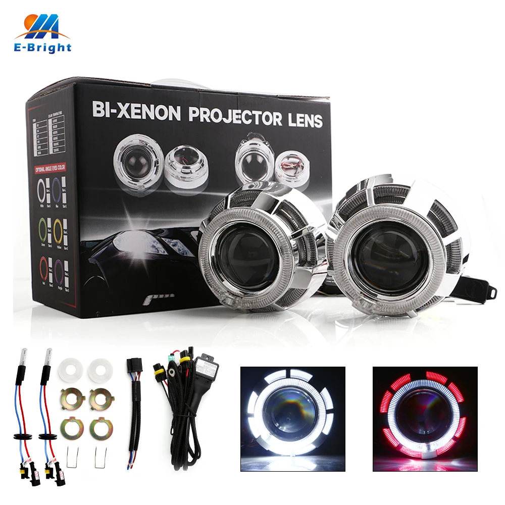 YM E Bright 1Set 3 Inches HID Bi Xenon Headlight Projector Lens 12V DC 35W + Angel Eyes Blue
