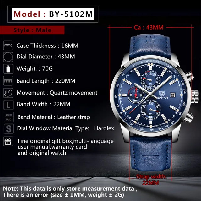 Benyar Men's Watches Luxury Top Brand Quartz Chronograph