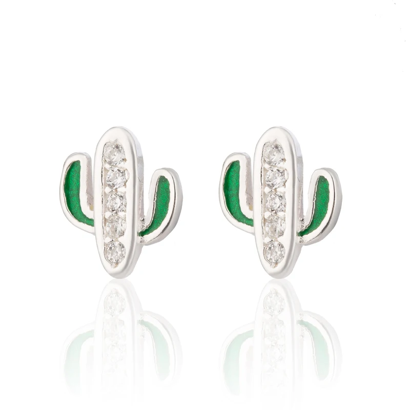 Jisensp 925 Sterling Silver Dazzling Green Cactus Crystal Stud Earrings for Women Authentic Silver Jewelry Plant Earrings Bijoux - Цвет камня: silver earrings