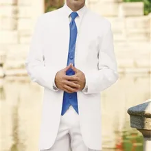 Custom Made Белый Жених Мужские Смокинг Костюмы С Голубой Жилет, Заказ Белый Смокинг, Специально Длинный отрезок Без воротника мужские Костюмы