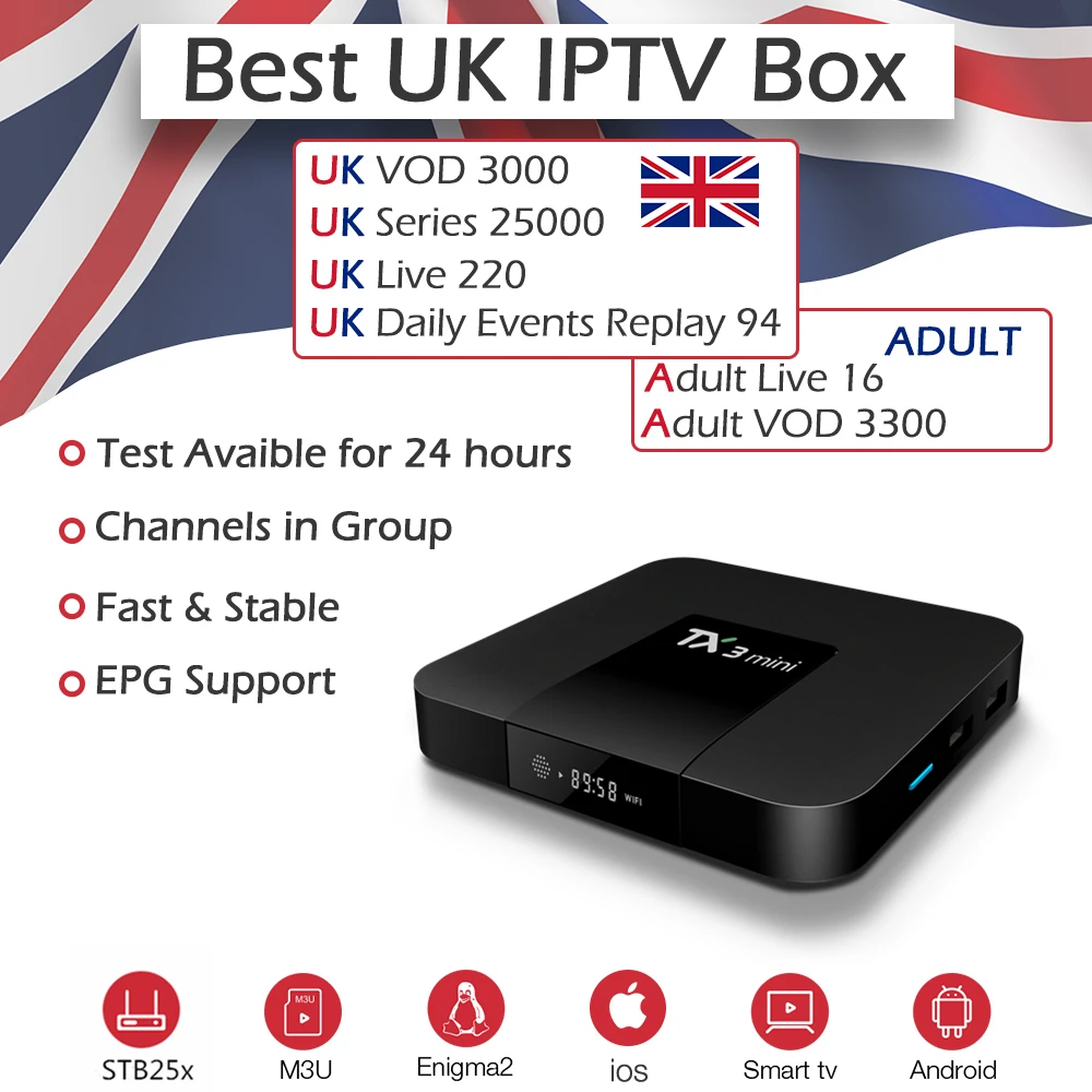 TX3Mini Android ТВ приставка Amlogic S905W 2G/16G четырехъядерный 4K H.265+ Лучшая UK Европа IP tv подписка 220 UK Live& 3000VOD IP tv для взрослых