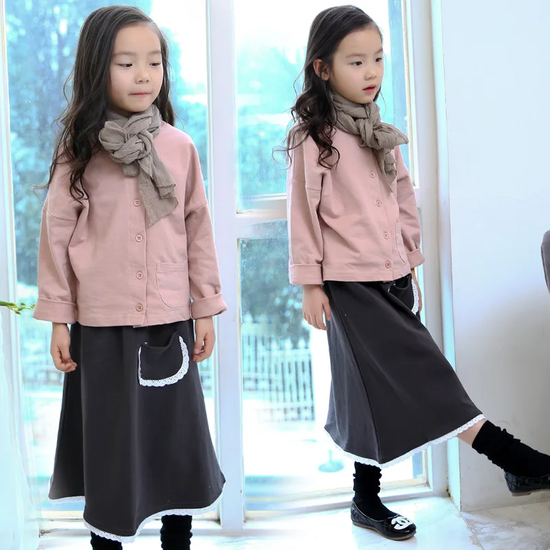 Spring Girls Simple Shirt + Skirt Suit Child Korean Fashion Two Pieces Sets Kids Clothing Pink Cotton