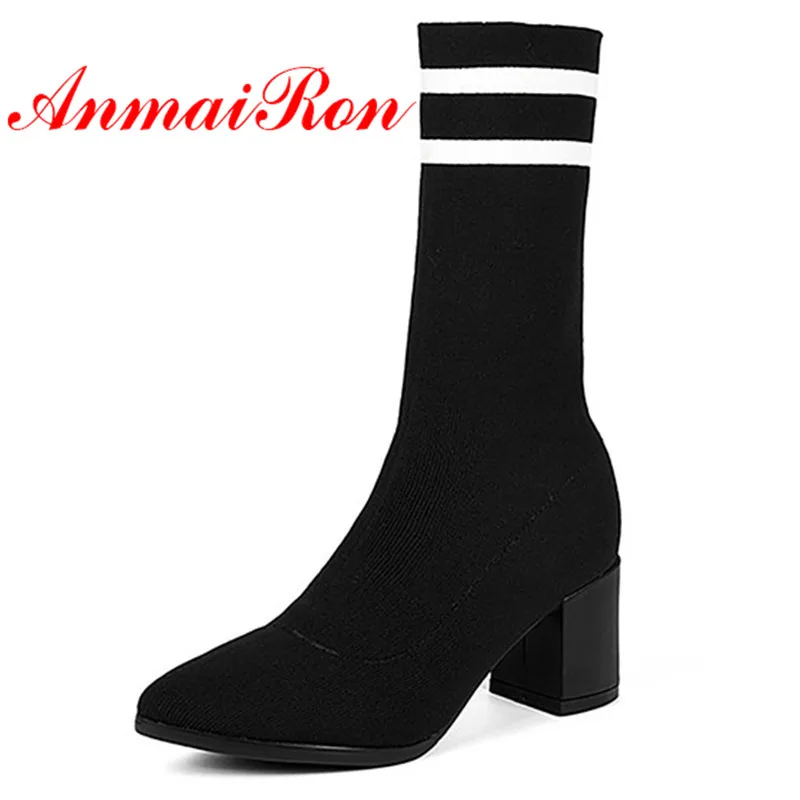 

ANMAIRON Women Ankle boots Thick Heel Short Boots Fashion Pointed Toe Winter Black boots Bootie Med heels Knitting boots CR1005