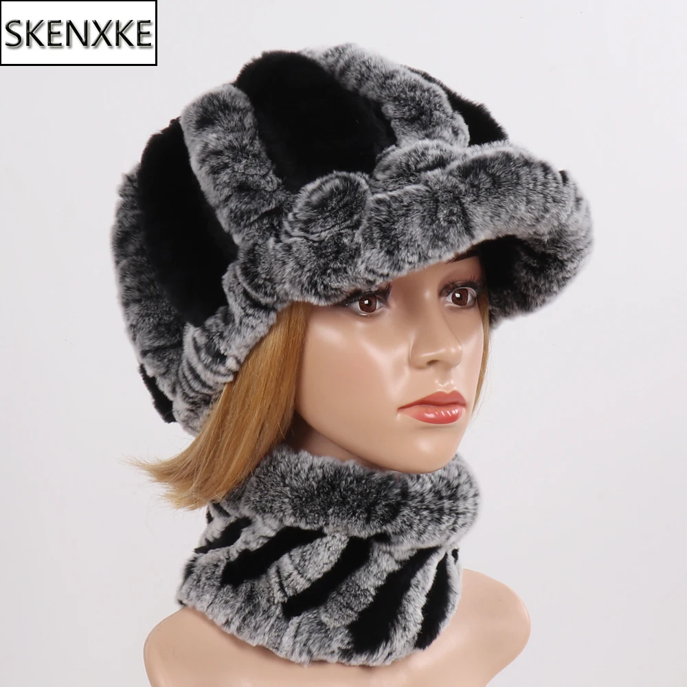 Новое поступление Зимний Настоящий мех кролика шарфы головные уборы наборы женщин вязанный натуральная шерсть шапка шарф набор женщин