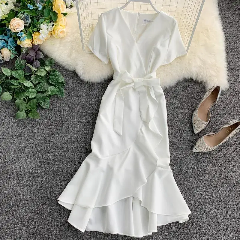 Летнее женское плиссированное платье с короткими рукавами и v-образным вырезом, с высокой талией, однотонное изящное женское платье с поясом Vestidos - Цвет: Белый