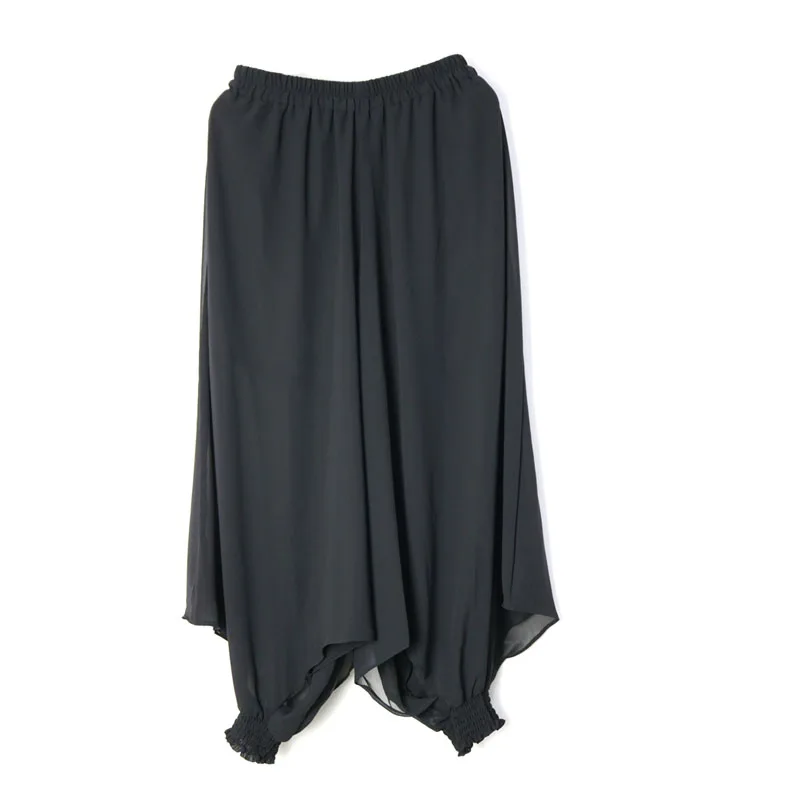 

2019 Spring Summer Woman Stylish Black High Waist Elastic Waist Draped Hollow Out Loose Chiffon Wide Leg Pants