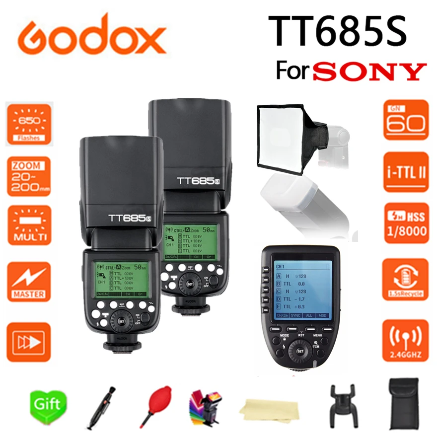 2x Godox TT685 TT685S вспышка камеры 2 4G 1/8000 s HSS ttl + XPRO-S триггер вспышки для sony DSLR A77II A7RII A7R A58
