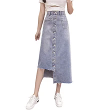 Модные джинсовые юбки с высокой талией, женские летние Асимметричные однобортные джинсовые юбки размера плюс, сексуальные длинные юбки faldas mujer