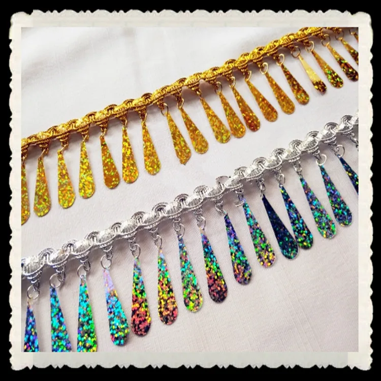 

3Yard/Lot Gold Silver Sequins DIY Lace Trim Tassel Fringe Ribbon Stage Clothing Curtain Wedding COS National Costume Accessories