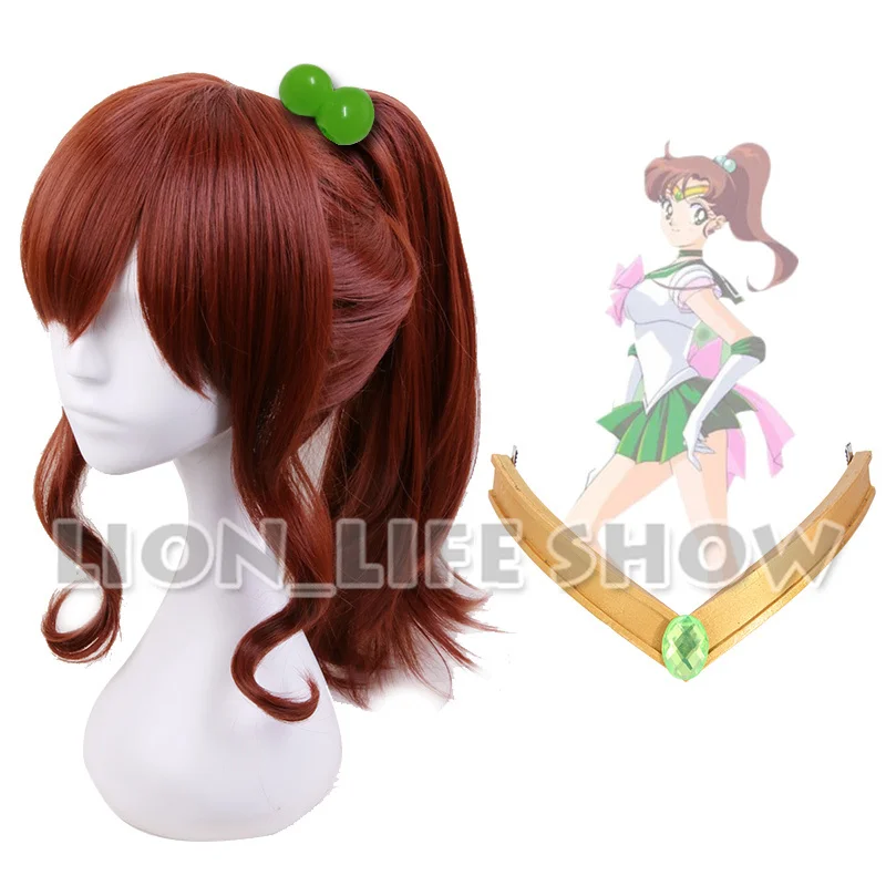 25th Sailor Moon Crystal Sailor Jupiter Kino Makoto головной убор повязка на голову для косплея аксессуары для косплея для волос - Цвет: Wig with Headwear