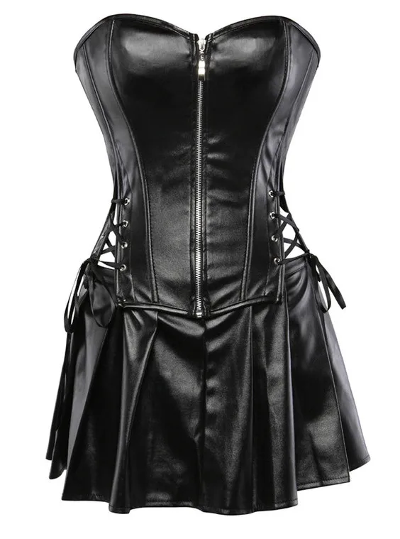 New Female Sexy Mistress Leather Front Zip Boned Corset Bustier with Hollow Out and Skirt Fetish Wear