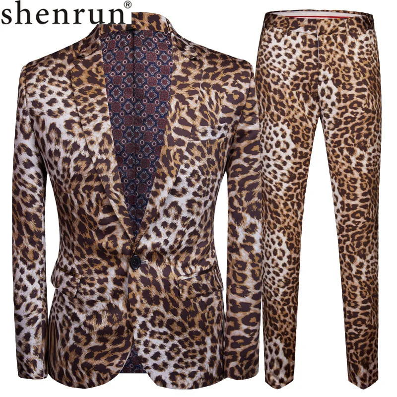 SHENRUN Tide Men Plus Size DJ Night Club Leopard Print 2 Pieces Set Mens Suits With Pants Stage Singers Costume Casual Suit | Мужская